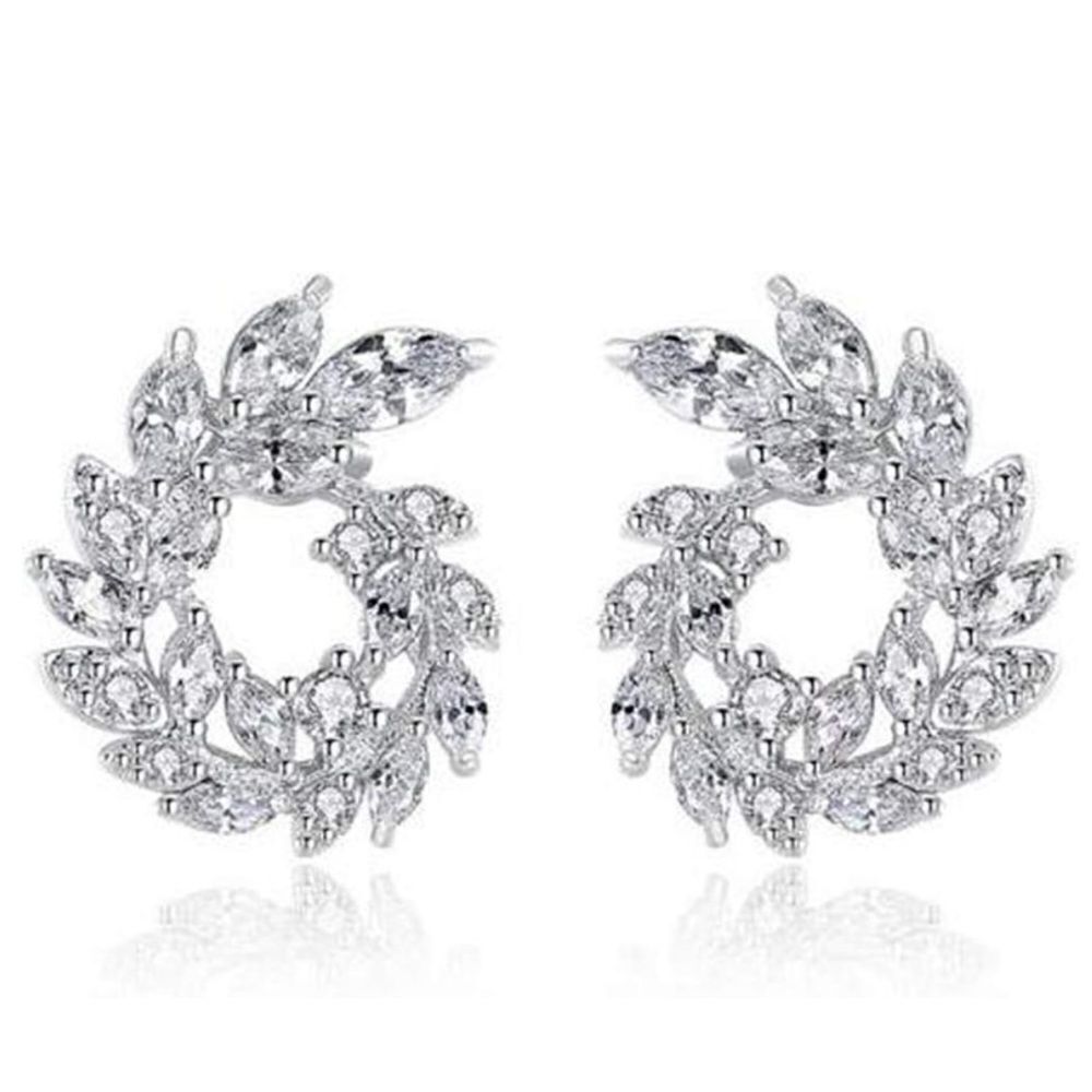 18K White Gold with White Topaz Cubic Zirconia Wreath Stud Post Back Earrings